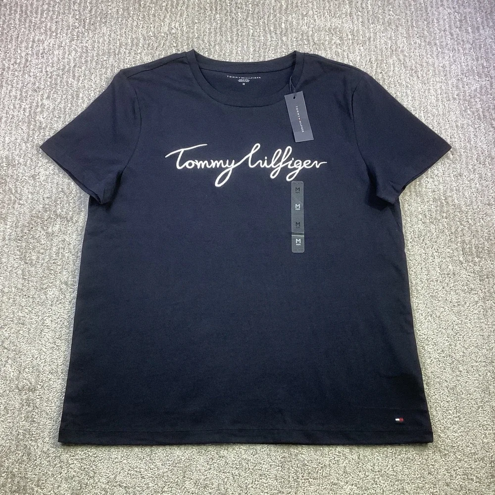 Tommy Hilfiger Blue Embroidered Signature Script‎ T Shirt Size M NWT